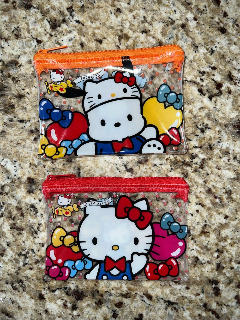 Daiso Sanrio Hello Kitty Clear Zip Pouches with Red & Orange Trim